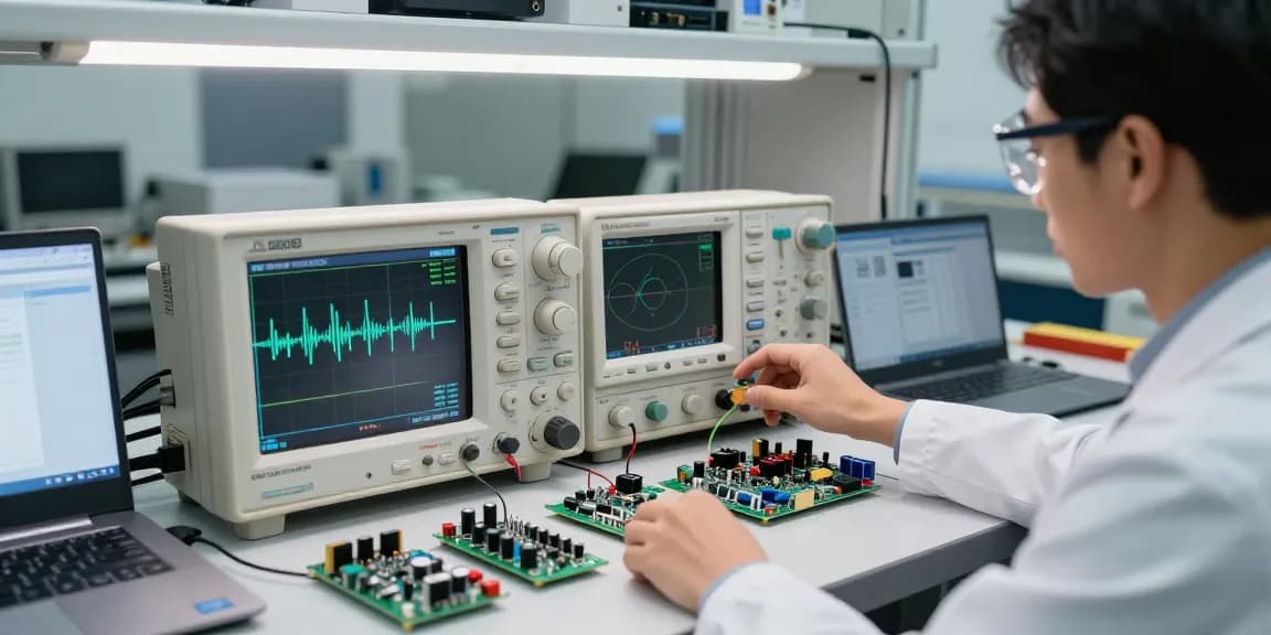 Engineer using Digital Oscilloscope and benchtop oscilloscope in a high-tech lab, analysing waveforms.