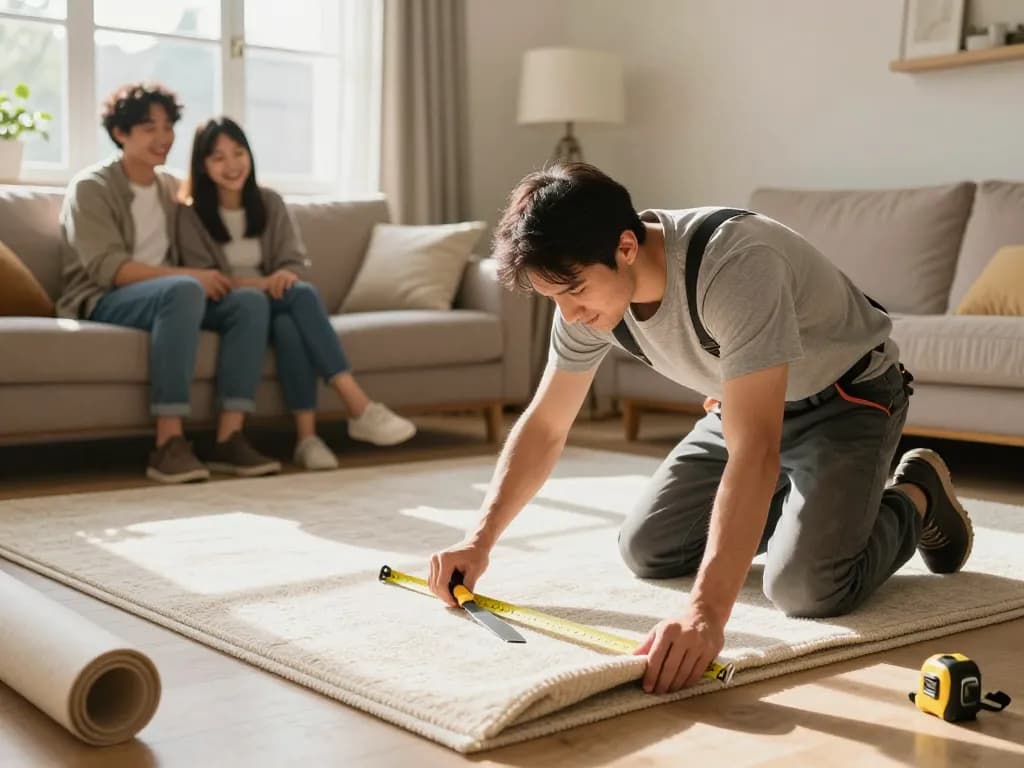 Professional carpet fitters near me installing carpet in a cozy living room, showcasing skill and home improvement.