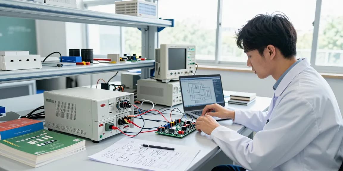 Adjustable DC Power Supply in an electronics lab with engineer connecting wires to circuit boards.