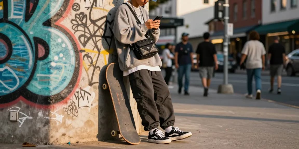 Fashion-forward individual showcasing modern streetwear style in urban setting.
