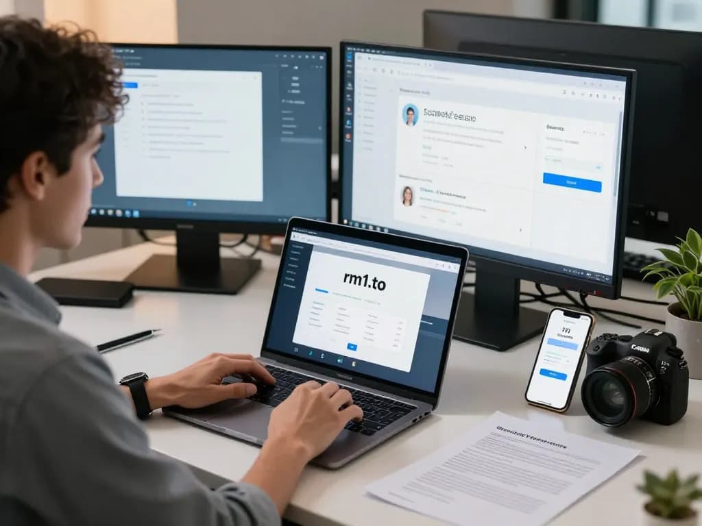 Logging into rm1.to from a modern workspace with analytical dashboards and a smartphone.