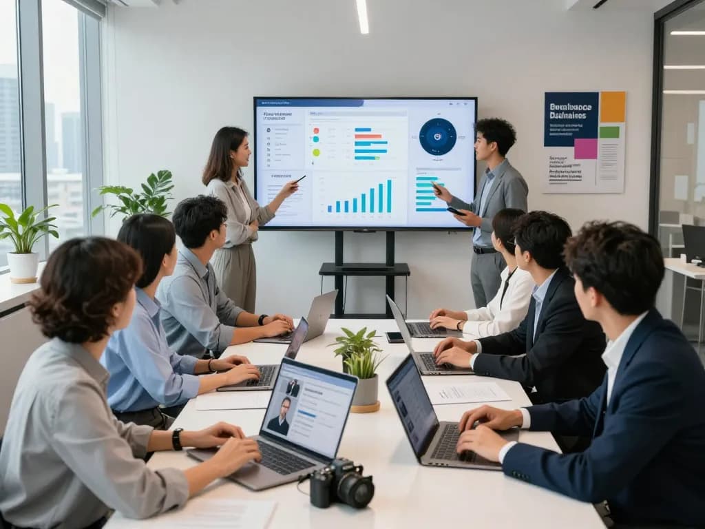 Hiring team discussing AI phone interviewer metrics in modern office