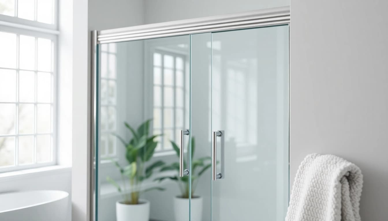 Showcasing sleek shower doors sliding, highlighting their modern design and functionality in a bright bathroom.