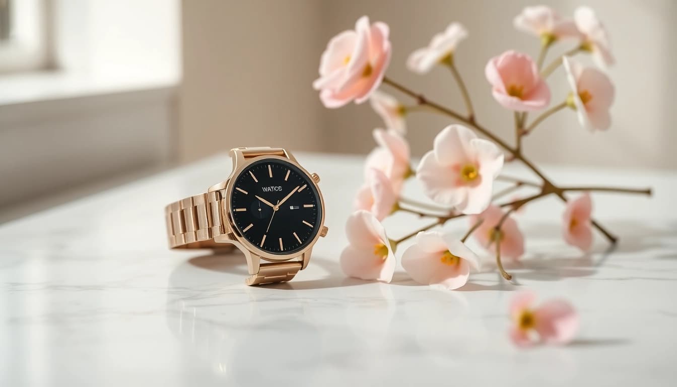 Ladies Classic Smart Watch elegantly set beside soft florals on a marble countertop.