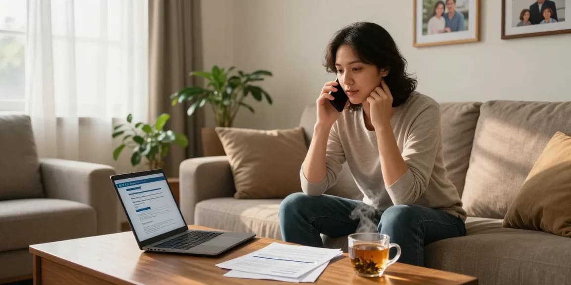 Cancel my timeshare discussion in a cozy living room environment, highlighting paperwork and laptop.