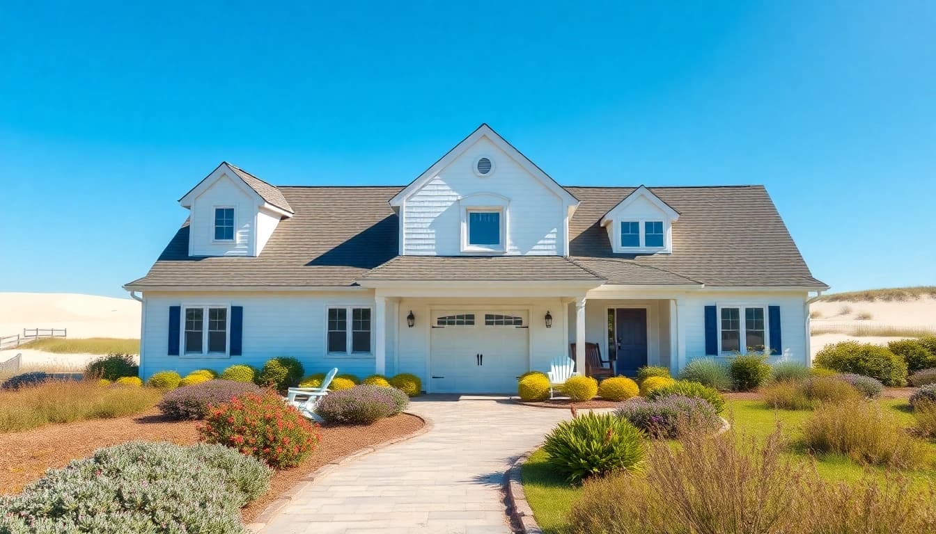 Cape Cod homes with an attached garage amidst a picturesque coastal landscape.