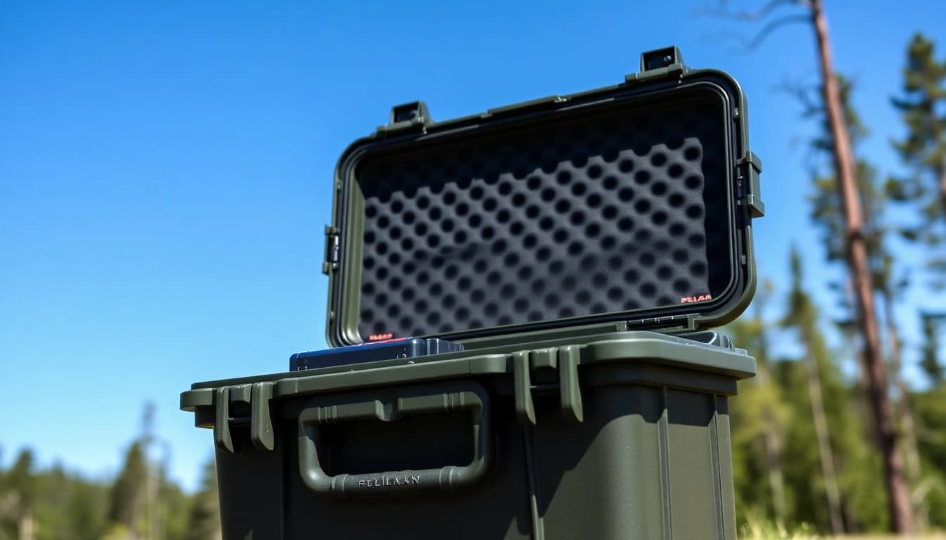 Explore a Pelican gun case for sale showcasing its features amidst a scenic outdoor backdrop.