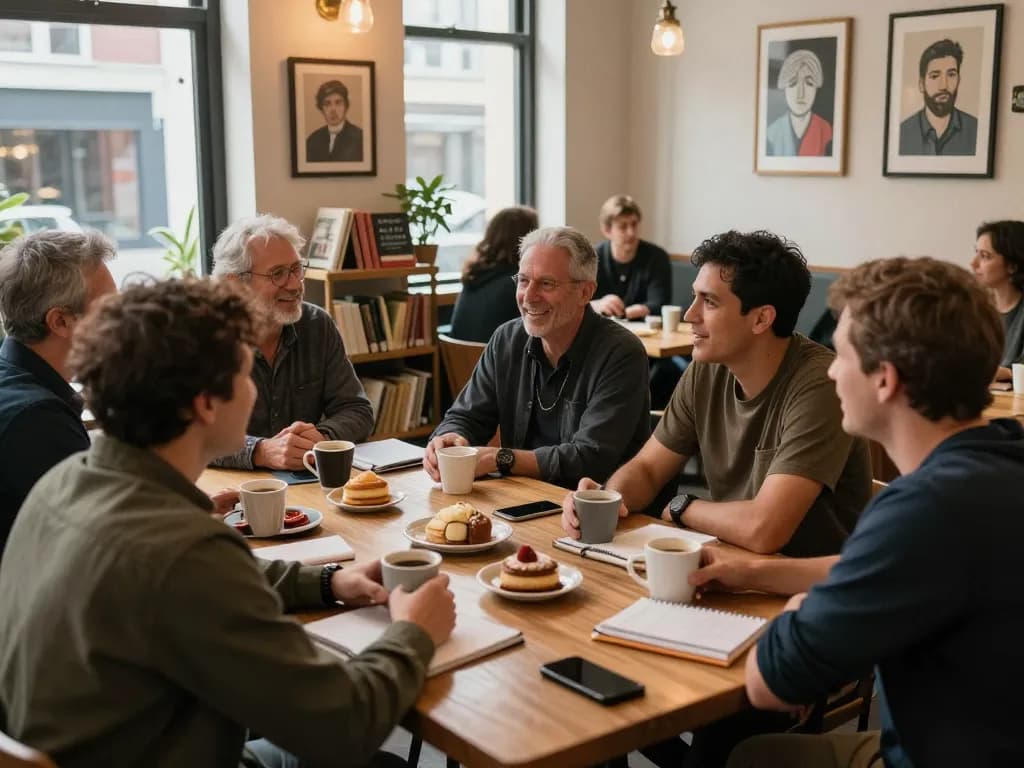 Men club gathering in a cozy coffee shop sharing stories and support.