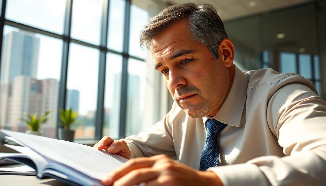 Clearwater truck accident lawyer focused on case materials in a bright, professional office