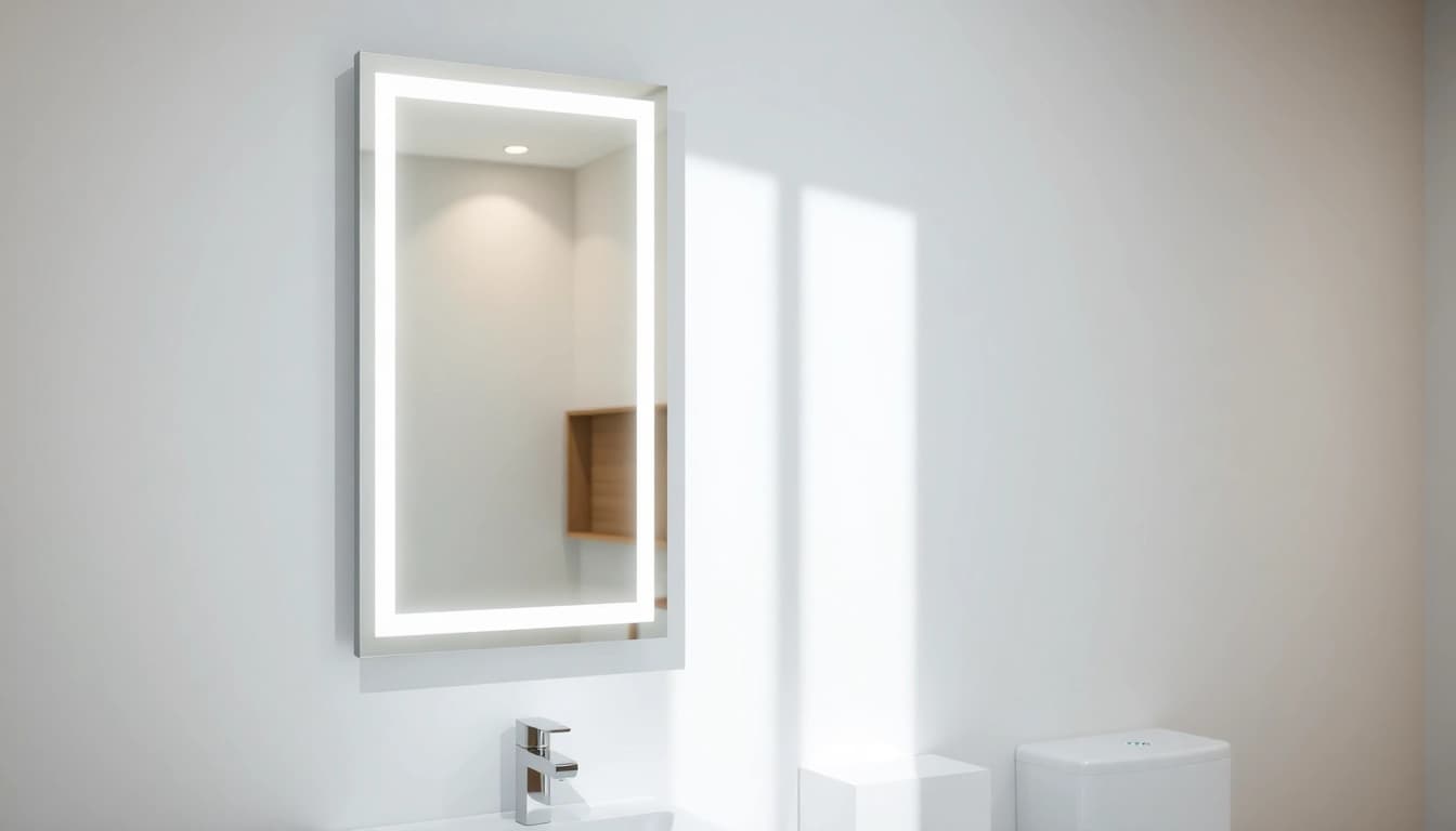 Showcasing a mirror and led lights elegantly integrated into a stylish bathroom setting.