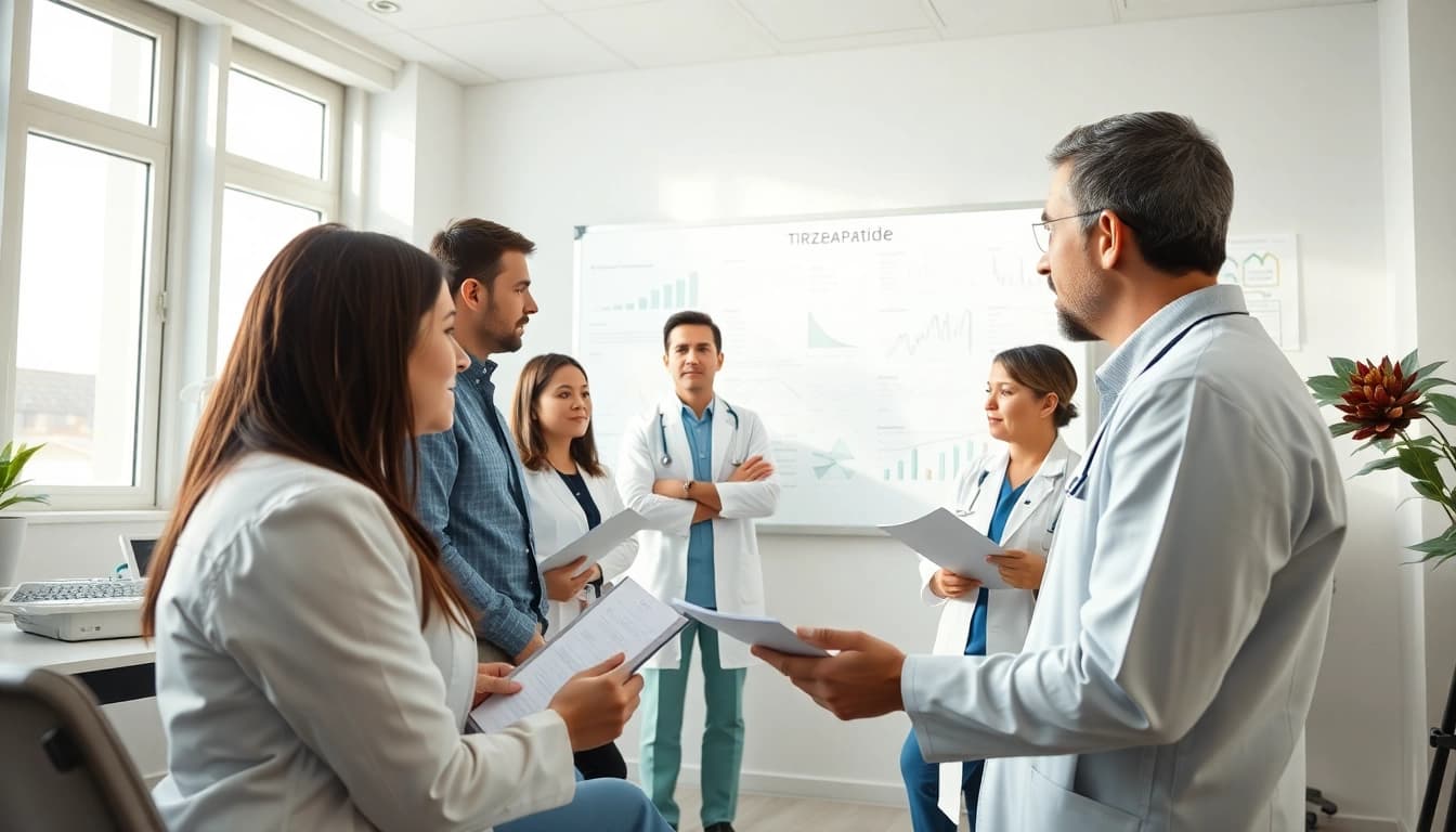 Tirzepatide consultation in a professional healthcare setting with practitioners discussing treatment insights.