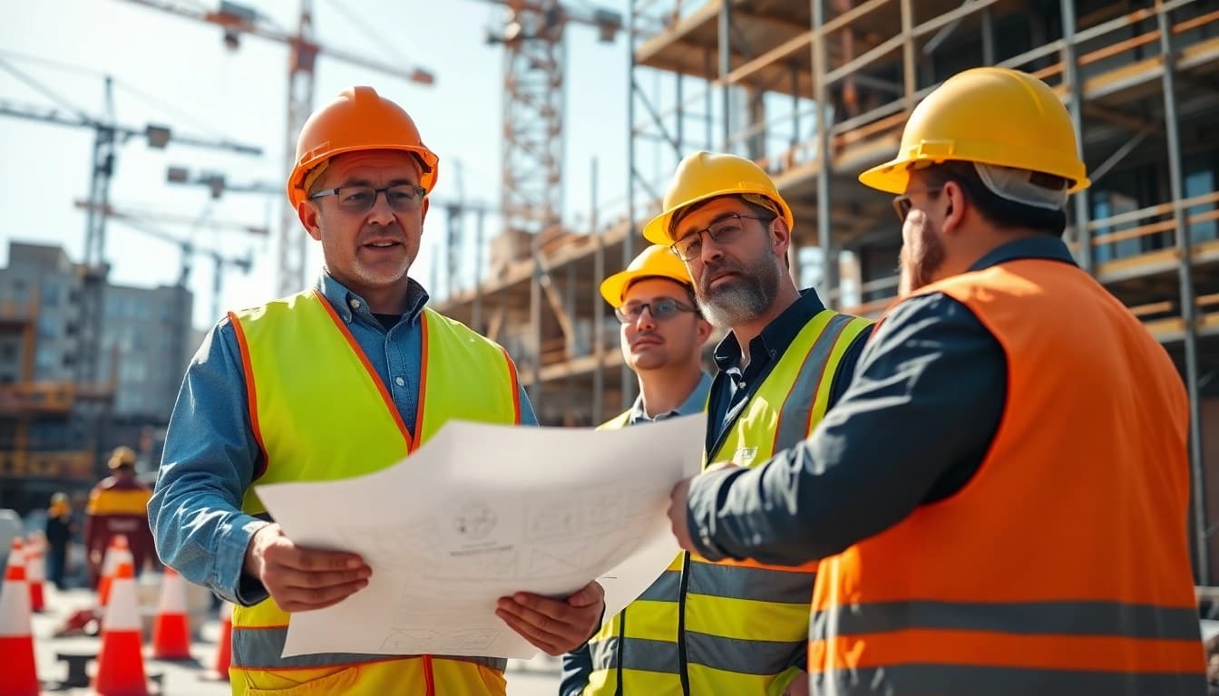 New Jersey Construction Manager guiding a team at a construction site with blueprints and activity.