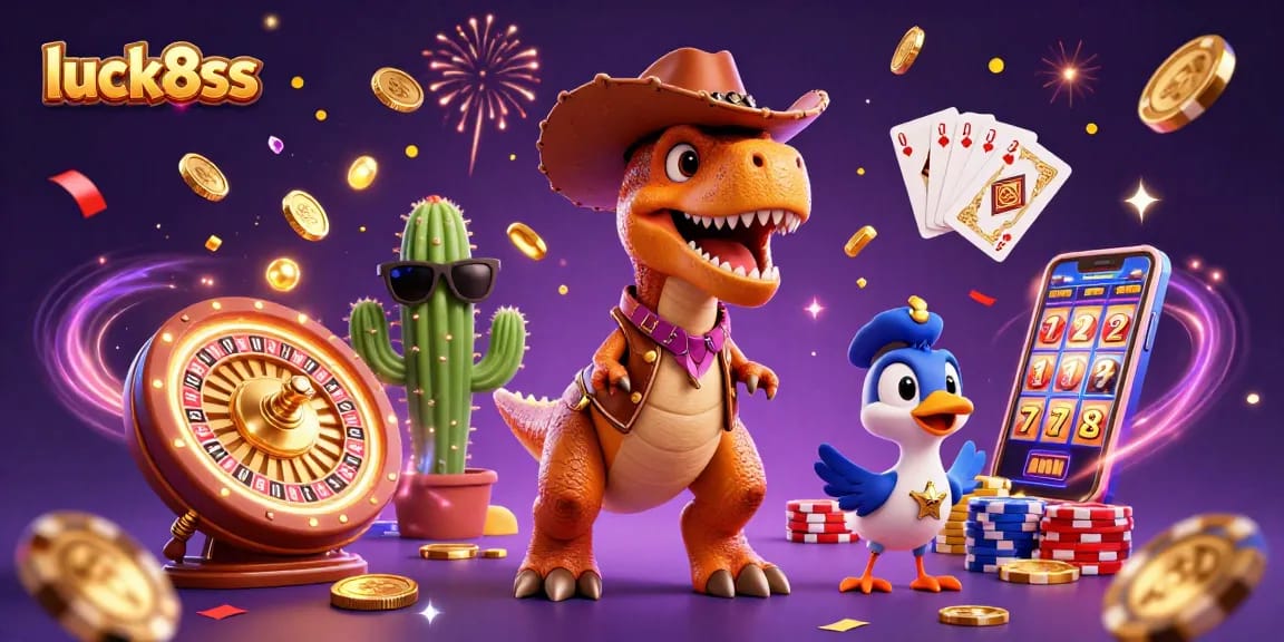 Catch the excitement at luck8ss with a wild T-Rex, poker chips, and sparkling gems!