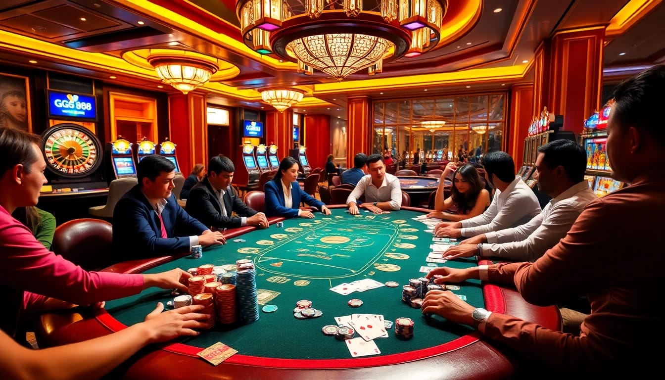 Players enjoying a thrilling game at GG 88's high-stakes poker table, showcasing vibrant chips and cards.