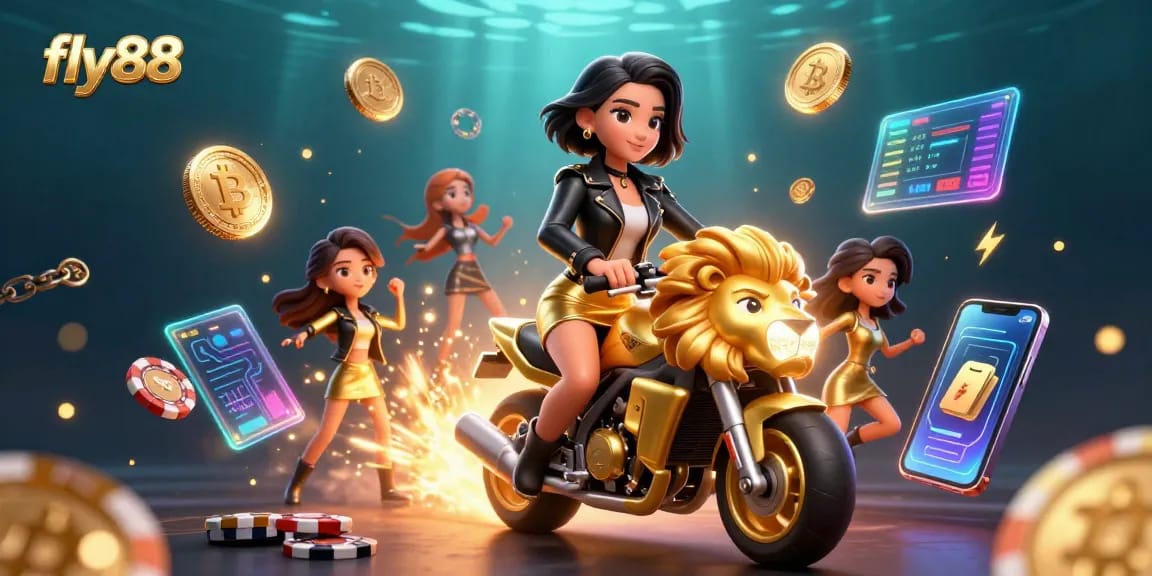 Witness the excitement of fly88 as the glamorous lady rides a golden lion surrounded by vibrant digital symbols.