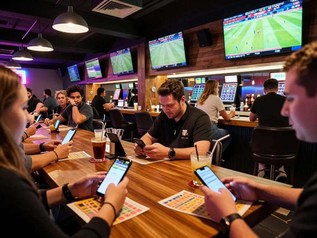 Pengguna SBOBET88 memasang taruhan di lounge olahraga yang ramai dengan beberapa layar.