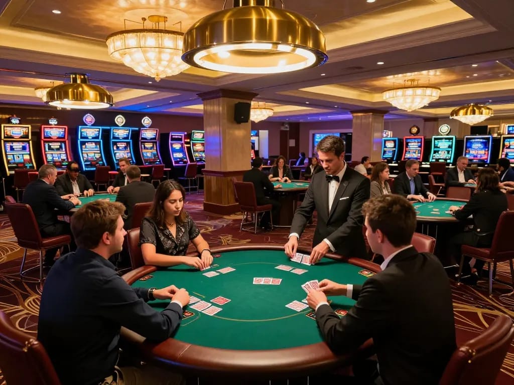 Man club players engaging in poker at a vibrant casino table under stunning chandeliers.