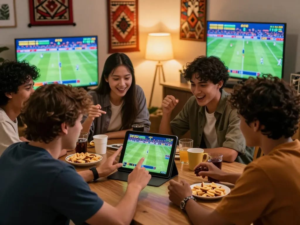 Friends enthusiastically placing bets on OKFUN with live soccer odds displayed.