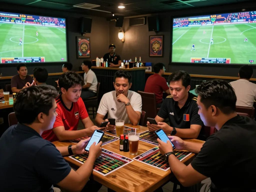 Pemain taruhan olahraga yang terlibat memasang taruhan pada Judi Bola Piala Dunia di tengah suasana meriah dengan layar besar.