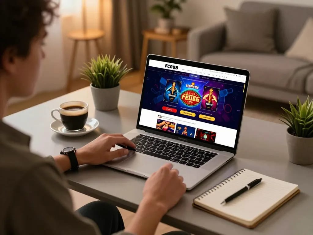 Engaging online gaming session at https://fc88.baby with a stylish laptop displaying vibrant casino games