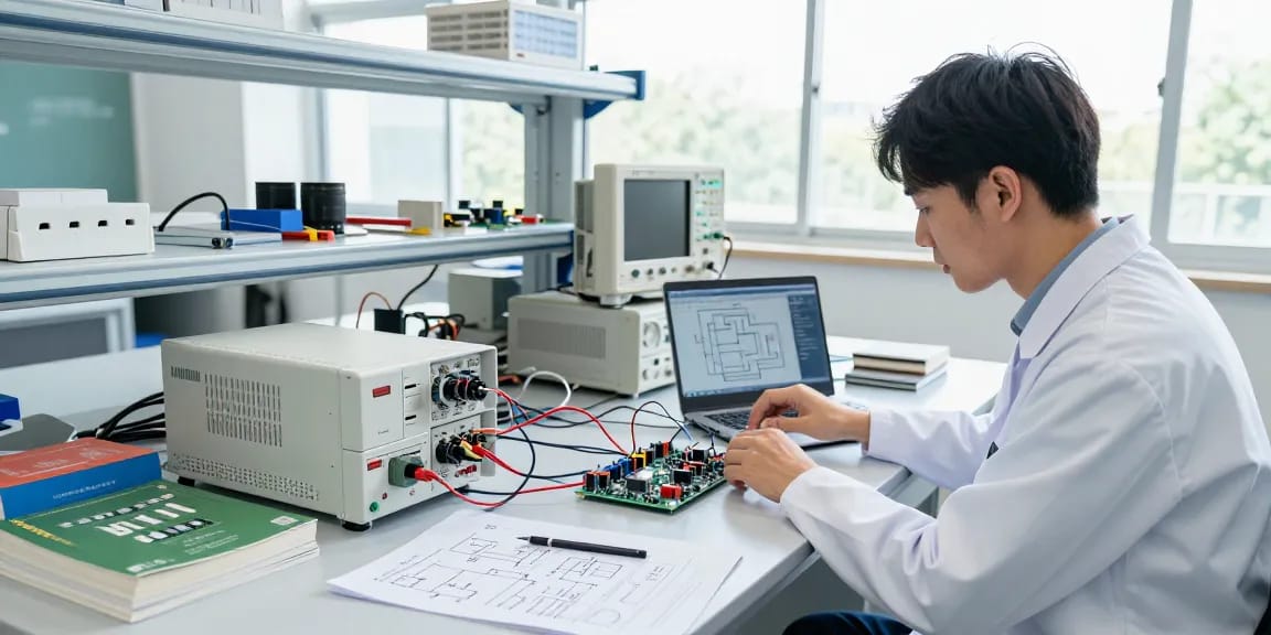Adjustable DC Power Supply in an electronics lab with engineer connecting wires to circuit boards.