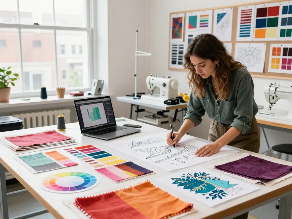 Textile designer creating innovative fabric patterns in a vibrant studio showcasing sunwin's creative process.
