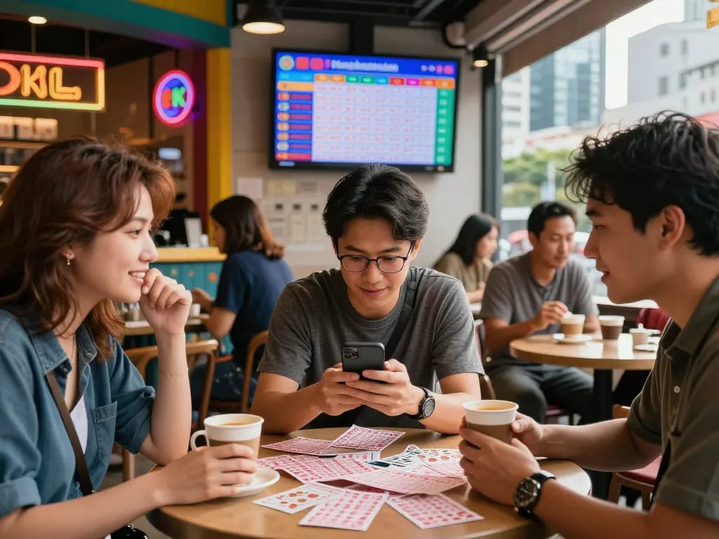 Penggemar lotere memeriksa hasil Pengeluaran HK di kafe yang ramai.