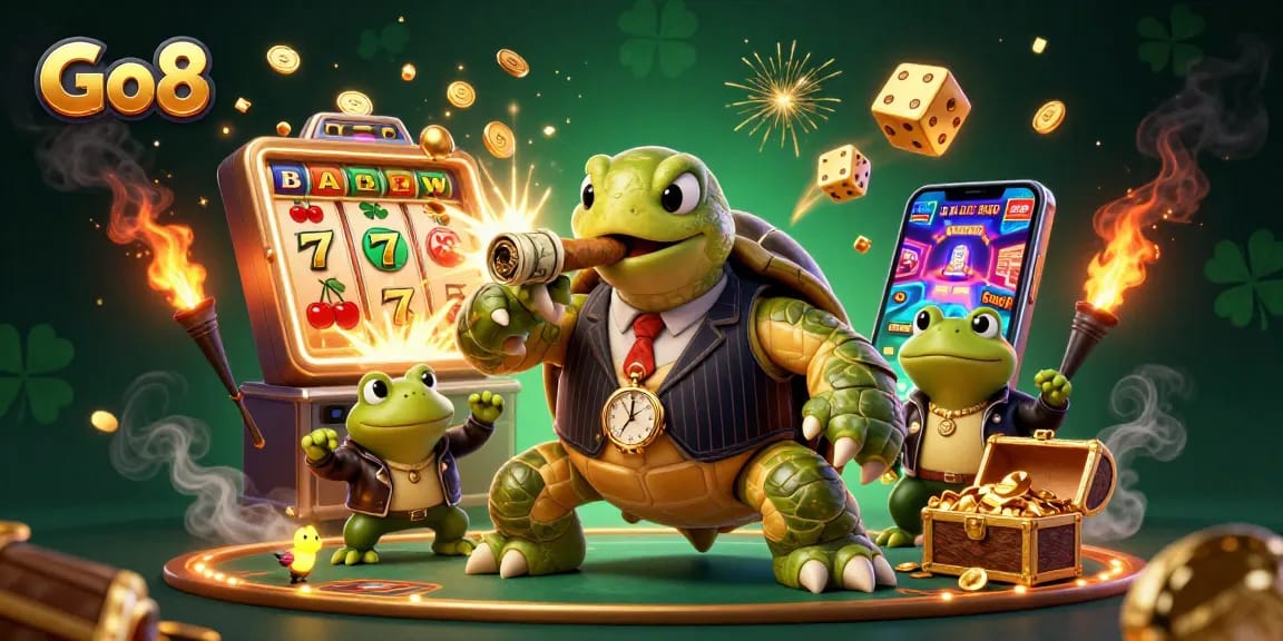 Experience thrilling wins at Go8 with a dynamic 3D casino scene filled with excitement and attractions.