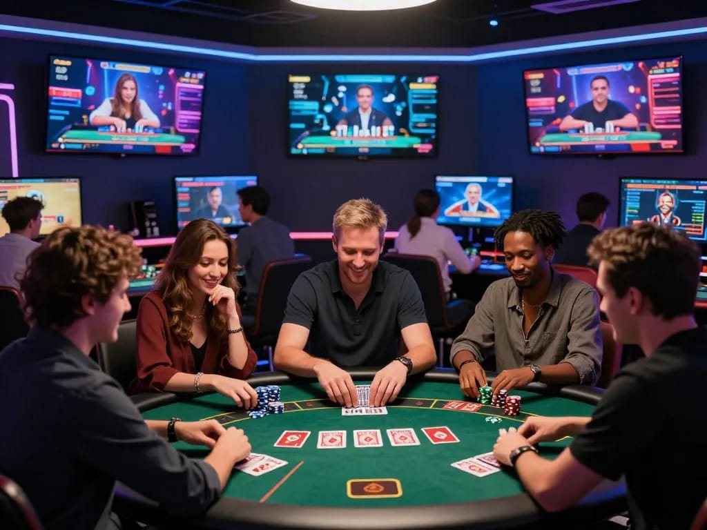 Dynamic gaming scene of players enjoying rik vip online games with vibrant atmosphere and modern gaming interface.