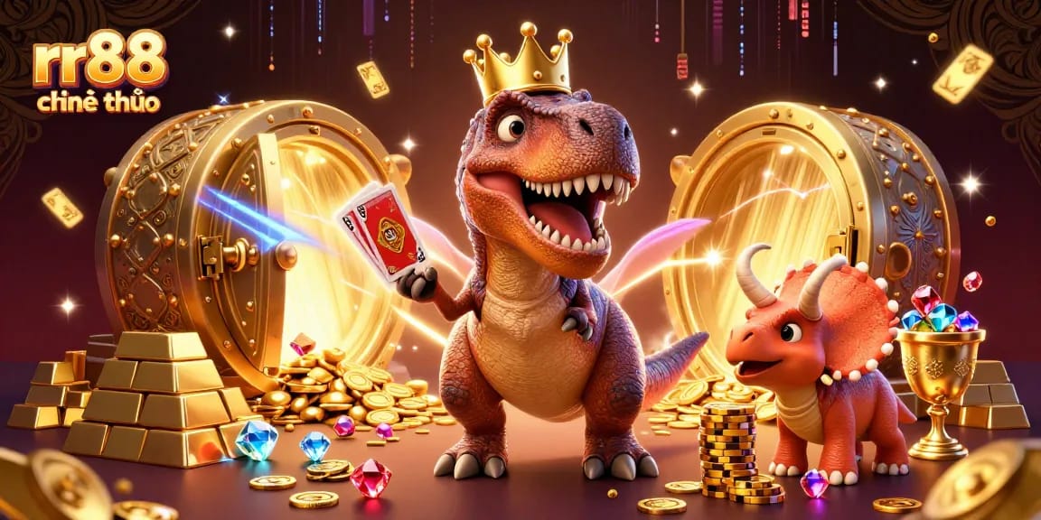 Engage with rr88 chính thức as a charming T-Rex and friends shuffle cards near golden treasures in a vibrant casino.