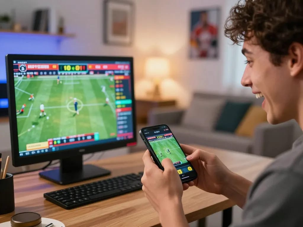 Excited player engaging in online sports betting on lc88 app, showcasing dynamic odds display in a modern setting.
