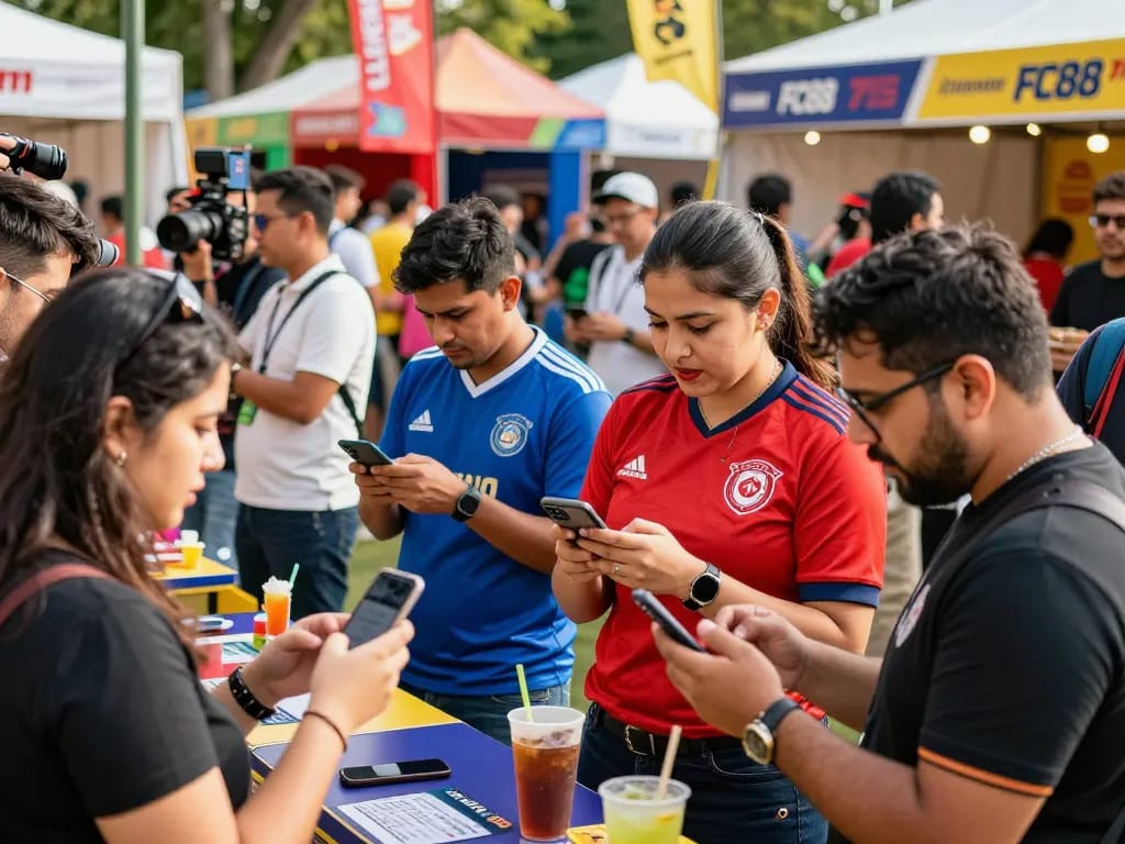 Fans enjoying sports betting excitement at an outdoor festival, engaging with FC88 betting apps.