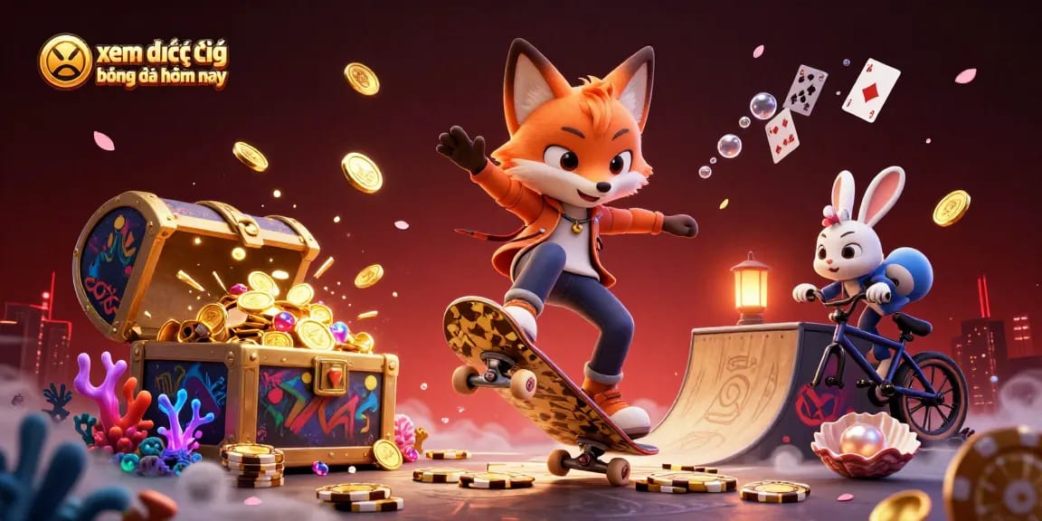 Experience xem trực tiếp bóng đá hôm nay with an energetic scene featuring a skateboard fox and BMX rabbit surrounded by casino elements.