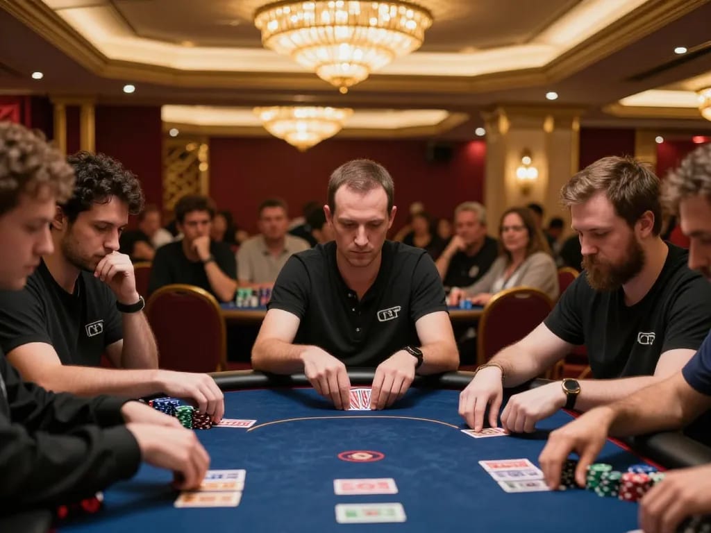 Players at a high-stakes poker table strategizing their moves at LV88, showcasing competitive gambling atmosphere.