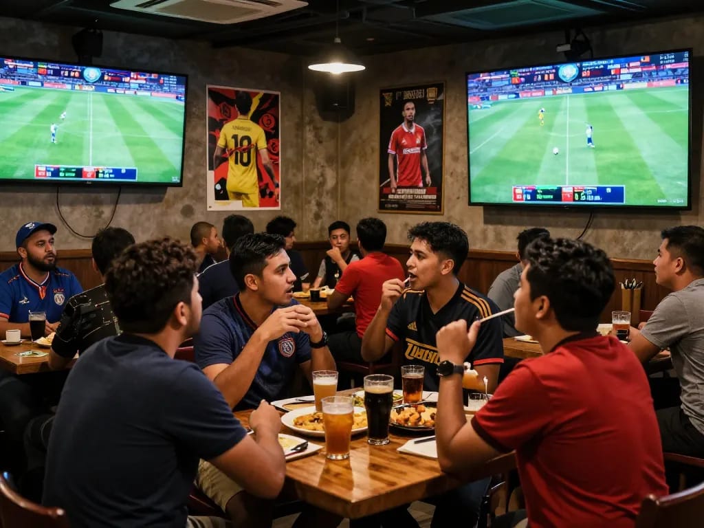 Excited fans engaging in Judi Bola betting at a vibrant sports bar