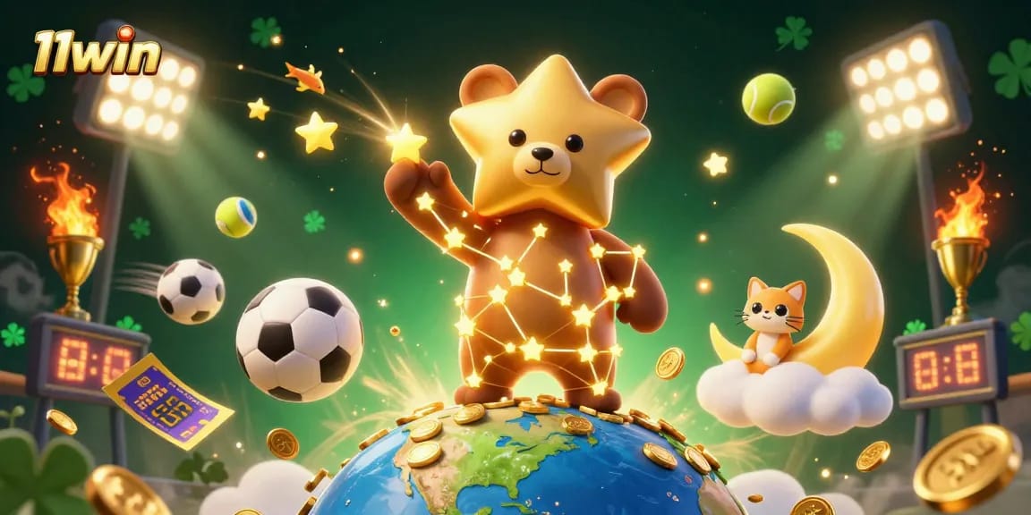 Experience thrilling gaming with 11win, featuring a vibrant, dynamic 3D illustration of sports and luck.