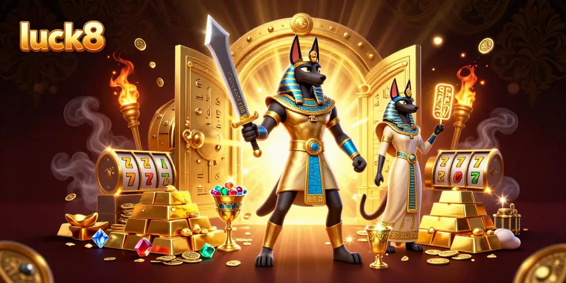 Immerse in luck8's vibrant gaming scene as the ancient Egyptian characters celebrate with treasures and jackpots.