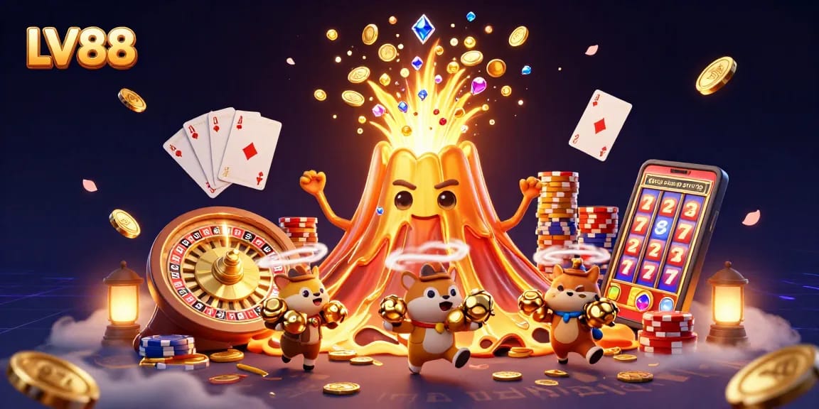 Experience the thrill of LV88 with a volcanic eruption of gold coins, showcasing vibrant gambling elements.