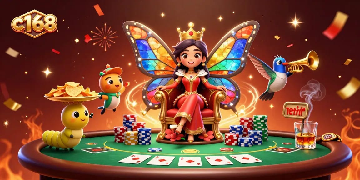 Experience thrilling gameplay at c168 with a lively illustration showcasing poker and festive elements.