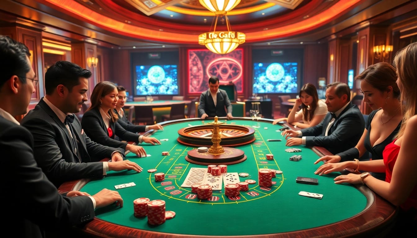 Excited players at a pg88 casino poker table, showcasing luxury poker chips and cards.