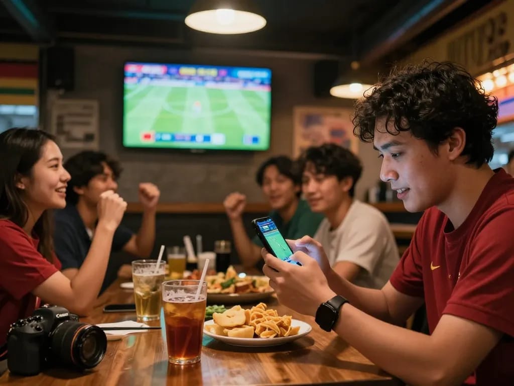 Momen menarik dari taruhan Judi Bola langsung di bar olahraga, smartphone dalam aksi dan pertandingan di layar TV