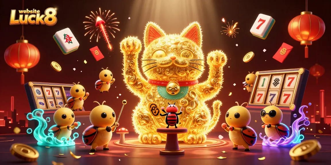 Engage with the vibrant casino world of website Luck8 showcasing a lucky cat, firefly elements, and dynamic game symbols.