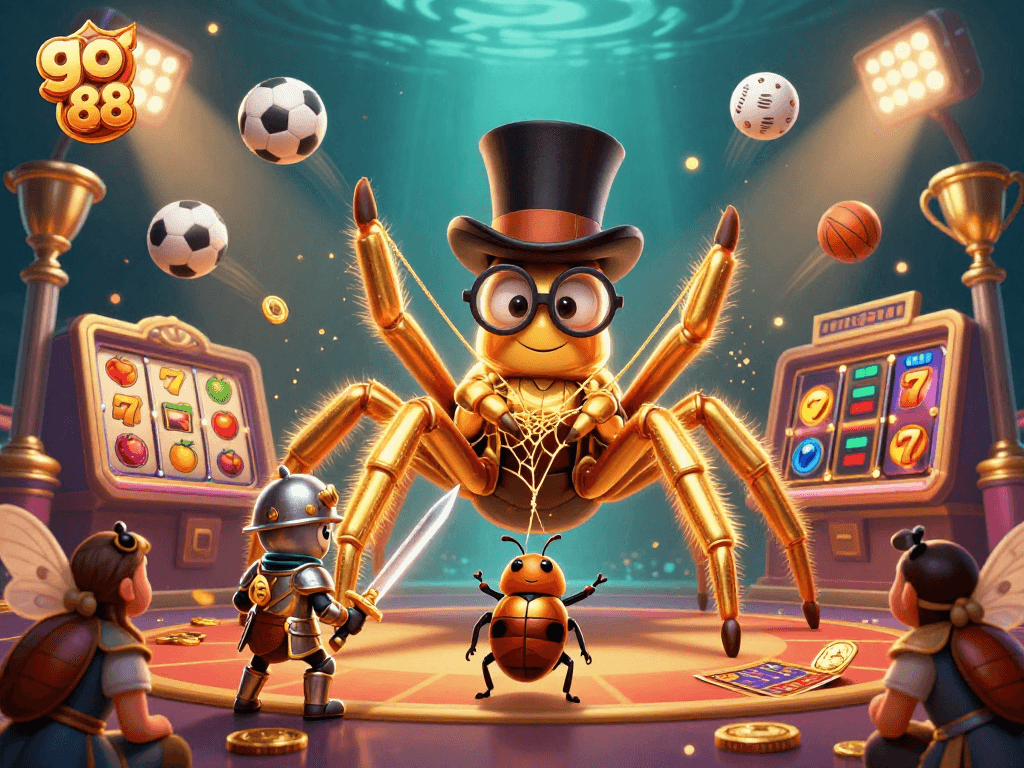Engage with go 88's dynamic casino scene featuring a golden tarantula, beetle knight, and slot reels.