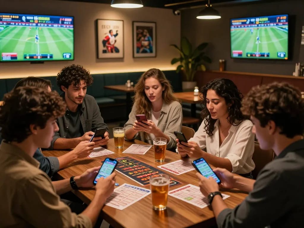 Savvy bettors analyzing odds in a lively sports betting lounge, showcasing soi keo nha cai strategies.