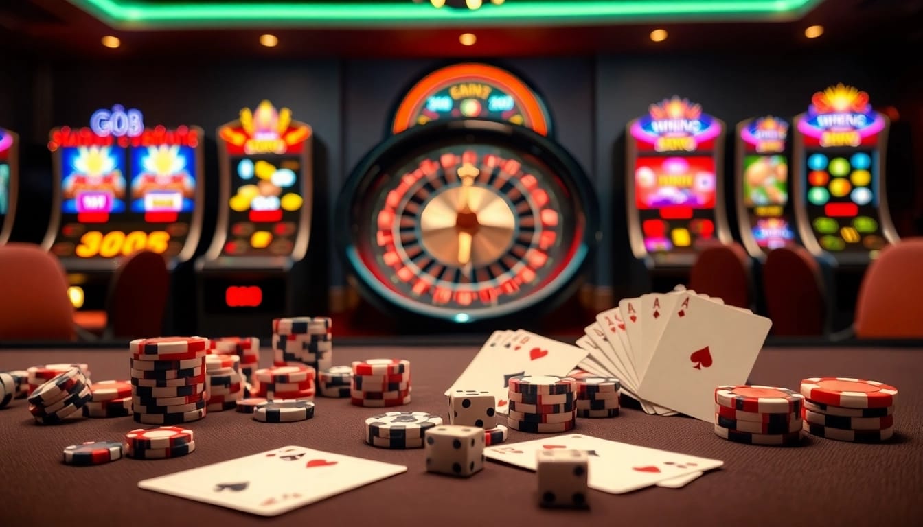 Exciting game action at GO88 casino scene with poker chips, dice, and a roulette wheel.