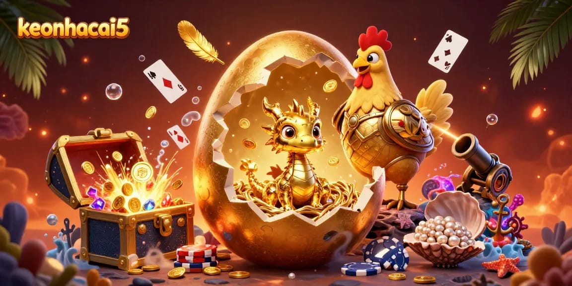 Engaging scene showcasing keonhacai5 with a golden dragon and poker chips amidst vibrant casino-themed elements.