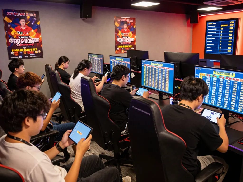 Pemain dengan antusias menganalisis hasil Pengeluaran HK di lounge permainan Togel Hongkong yang ramai.