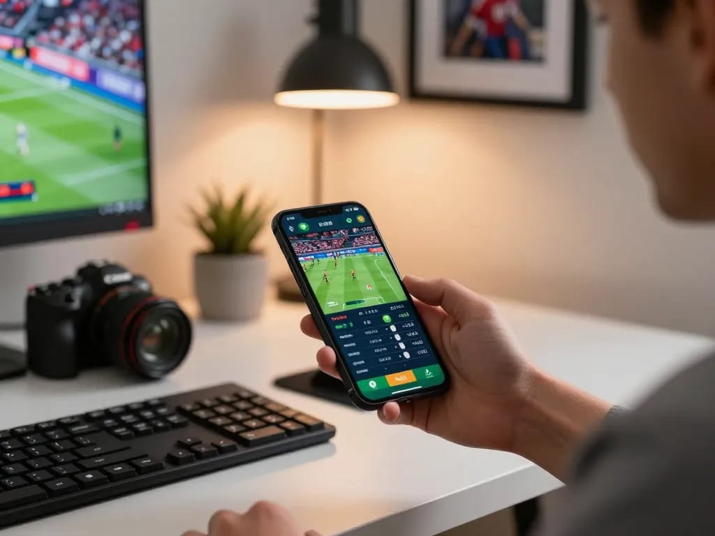Đặt cược trên 12bet bằng ứng dụng điện thoại thông minh trong một văn phòng hiện đại, hiển thị tỷ lệ cược thể thao trực tiếp.