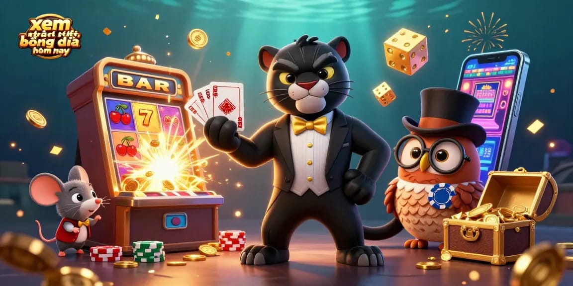 xem trực tiếp bóng đá hôm nay in a lively 3D casino scene with characters and dynamic game elements around.