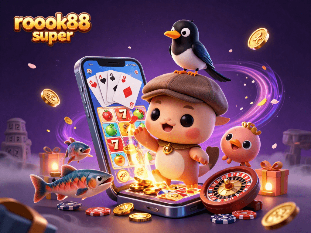 Engage with rokok88 super slots featuring baby Nessie and a playful magpie in a lively casino scene.